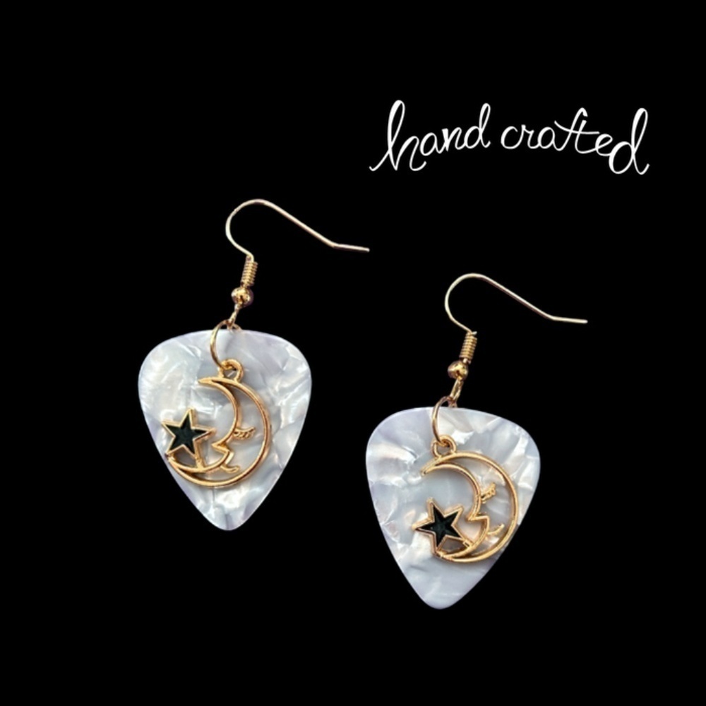 Hand Crafted Earrings Repurposed Guitar Picks Man in the Moon Starry Night NIP